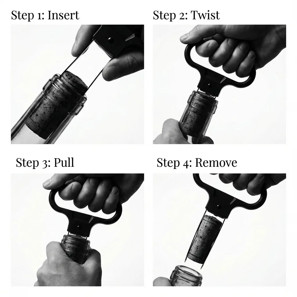 How to use an Ah-So wine opener step by step guide - insert, twist, pull, remove cork with two-prong butler's friend