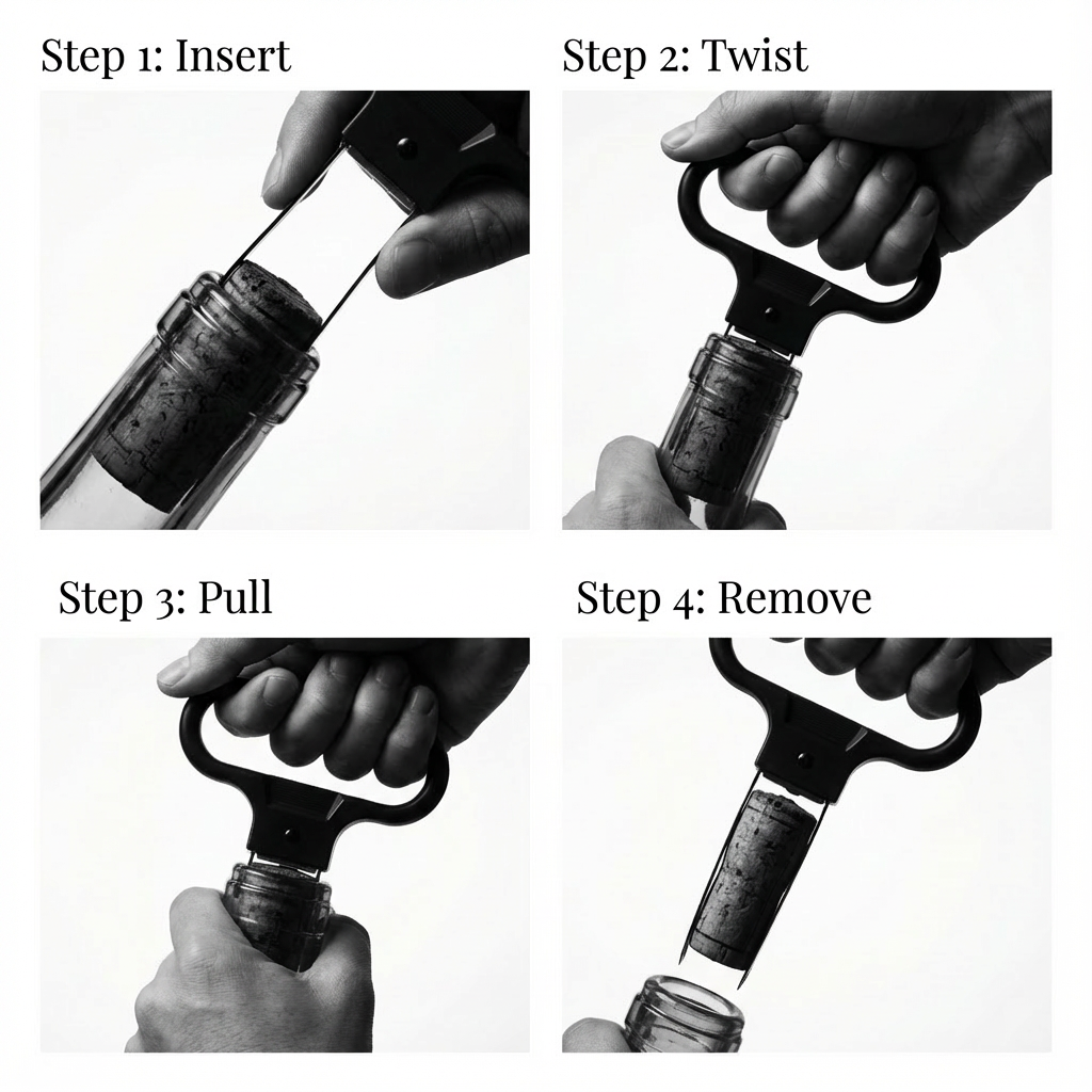 Step-by-step how to use an Ah-So wine opener: Insert, Twist, Pull, Remove