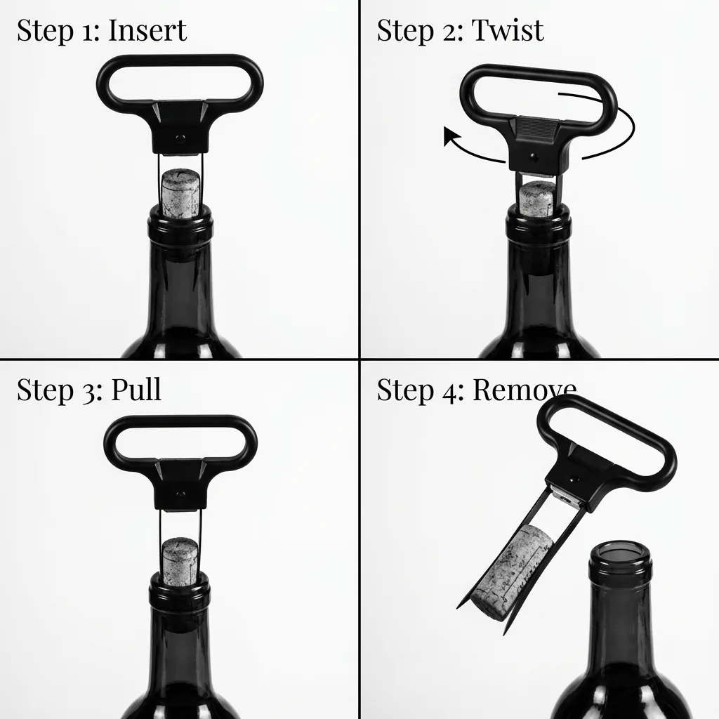 Step-by-step guide how to use an Ah-So two-prong wine opener to extract fragile corks