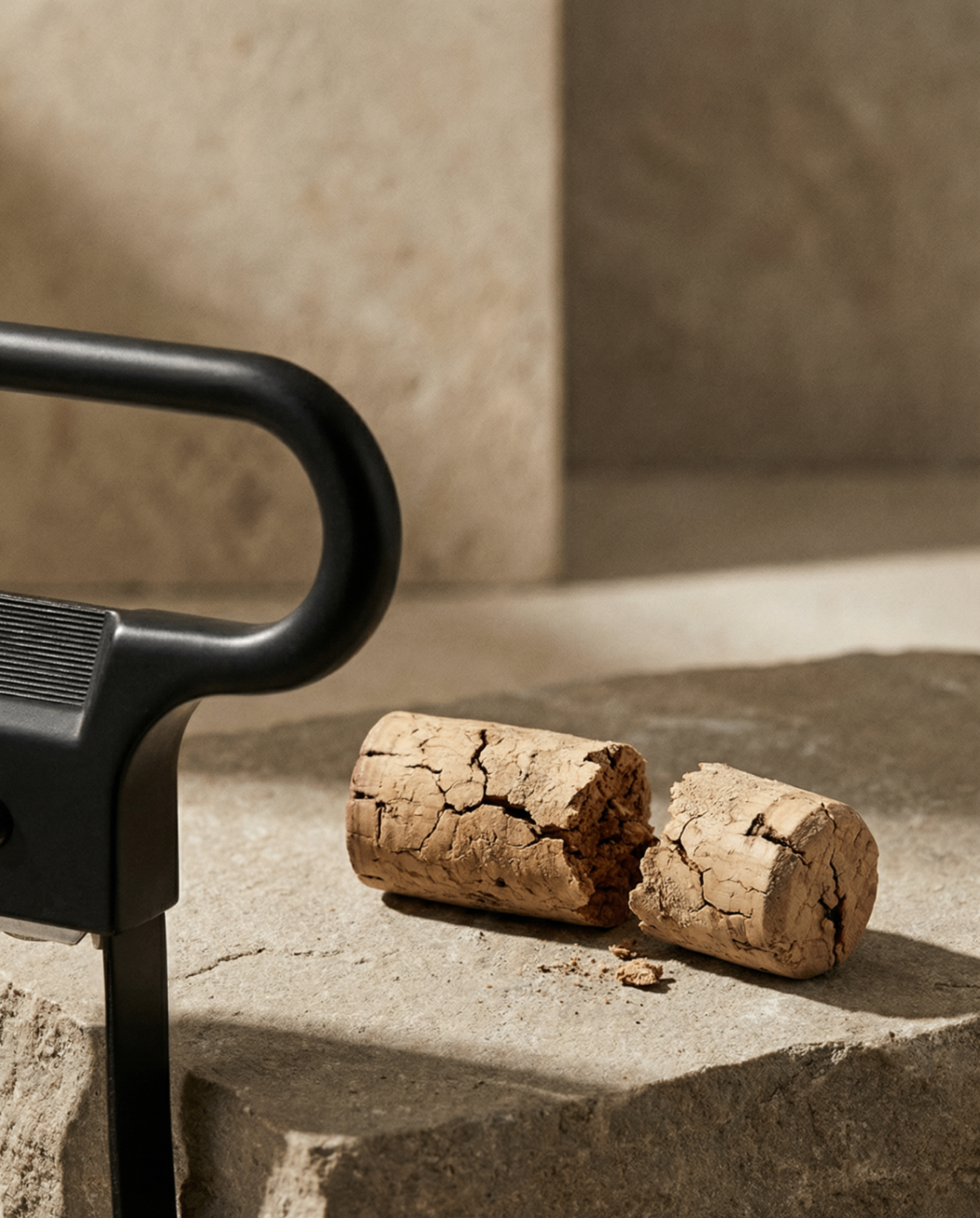 Crumbling old wine cork demonstrating why Ah-So two-prong wine opener is essential for aged wines