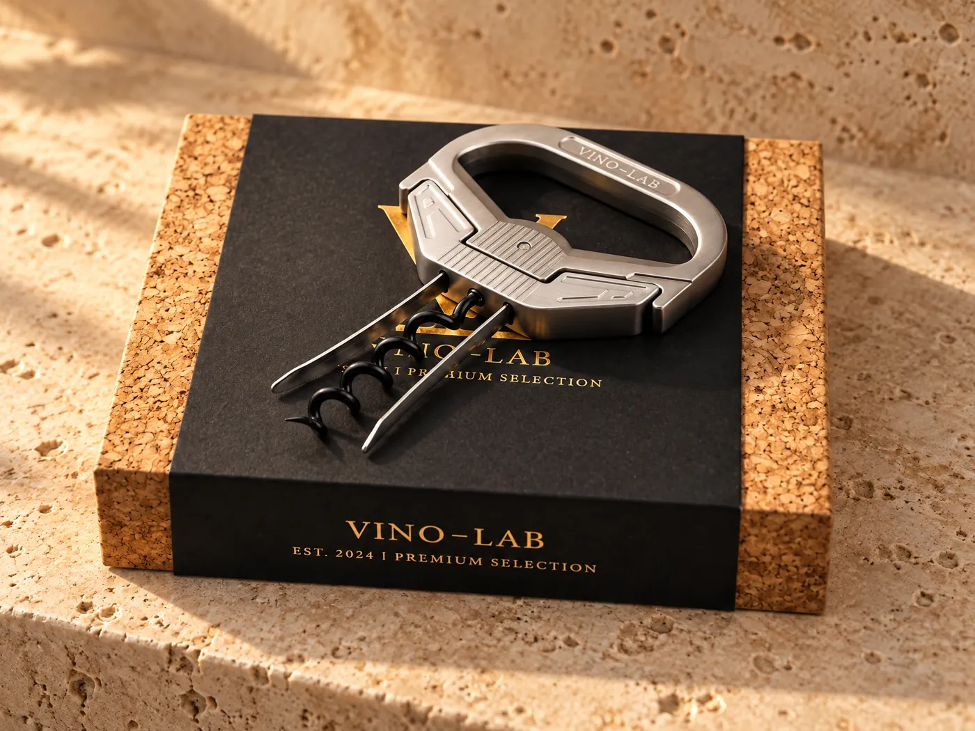 VinoLab Hybrid Ah-So wine opener on its black and cork gift box